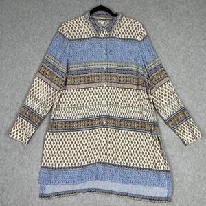 J. Jill Blue Grey Mixed Printed Long Sleeve Button Up Tunic Shirt Size Large